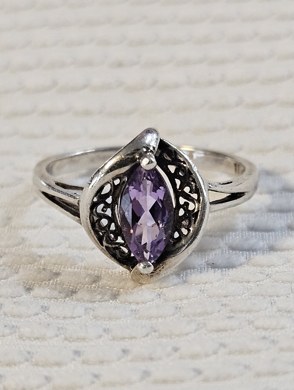 Vintage Avon Sterling Silver Ring Marquise-cut Purple Amethyst Stone Size 11